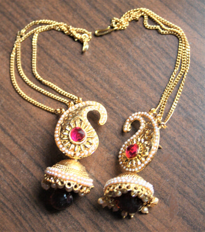 Gold and Pearl Jhumki with Back Chain Hook - GlitterGleam