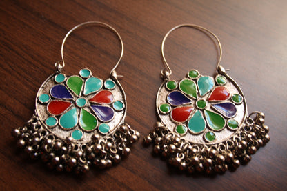 Silver Oxidized Crescent Shaped Green Afghani Chaandbalis with Beads - GlitterGleam