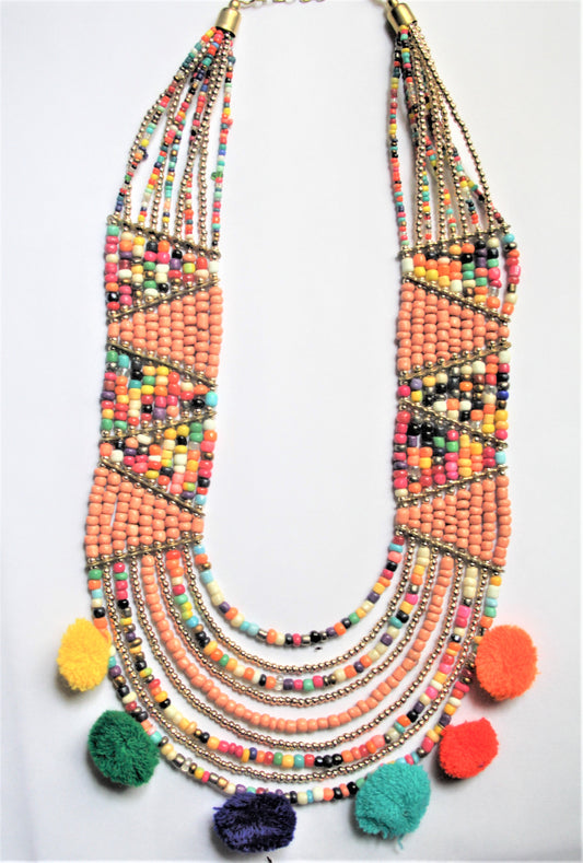 Designer Multicolored Beaded Pom Pom Necklace with Earrings - GlitterGleam