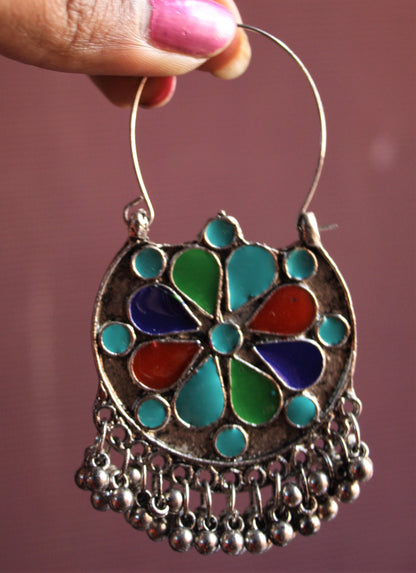 Silver Oxidized Crescent Shaped Green Afghani Chaandbalis with Beads - GlitterGleam