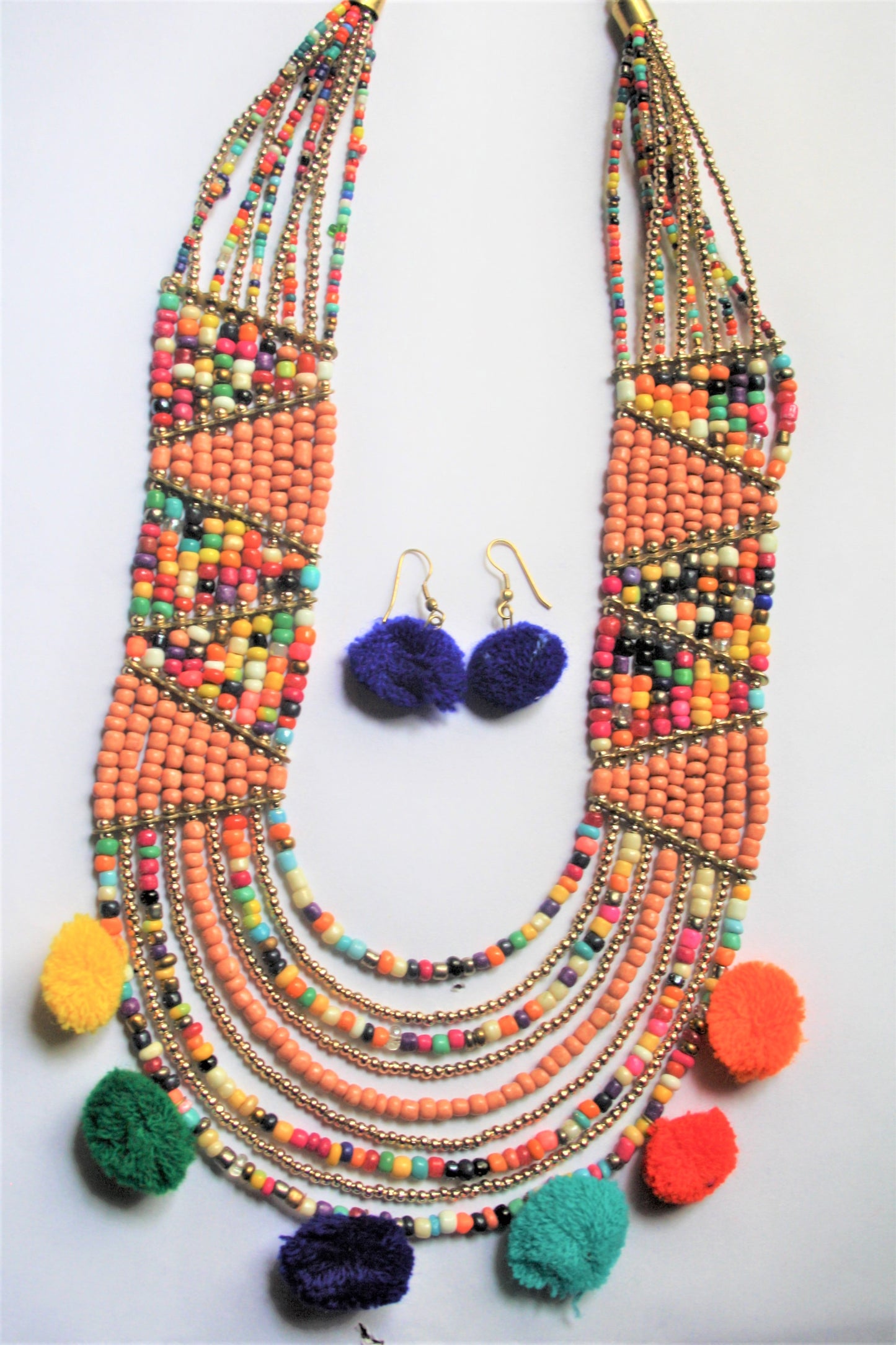 Designer Multicolored Beaded Pom Pom Necklace with Earrings - GlitterGleam