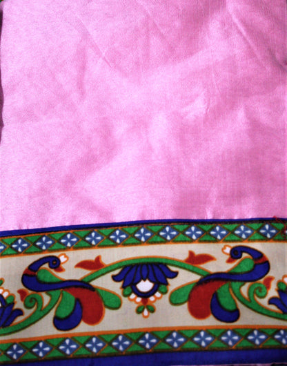 Cotton Silk Saree with Peacock Print Border and Blouse - GlitterGleam