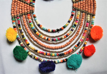 Designer Multicolored Beaded Pom Pom Necklace with Earrings - GlitterGleam