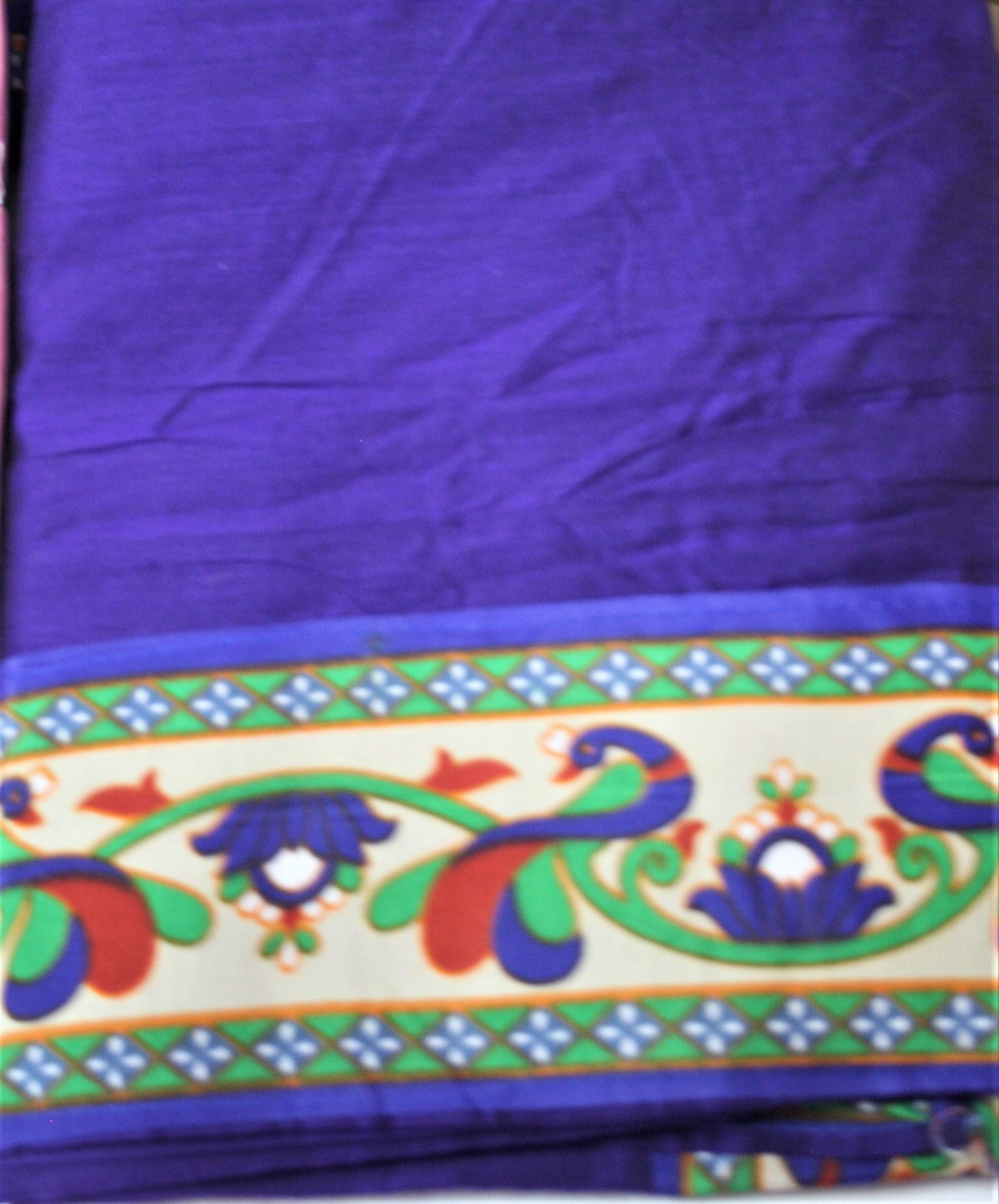 Cotton Silk Saree with Peacock Print Border and Blouse - GlitterGleam