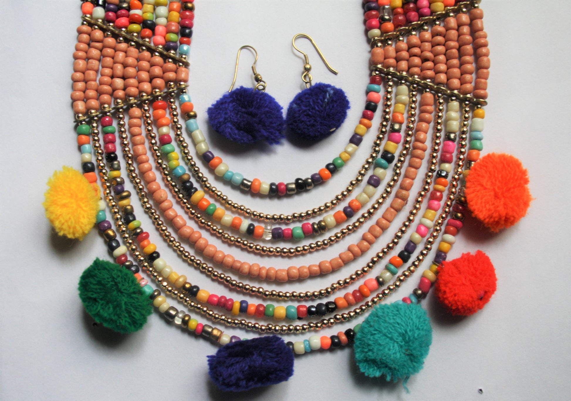 Designer Multicolored Beaded Pom Pom Necklace with Earrings - GlitterGleam
