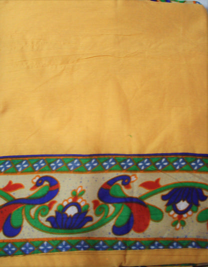 Cotton Silk Saree with Peacock Print Border and Blouse - GlitterGleam