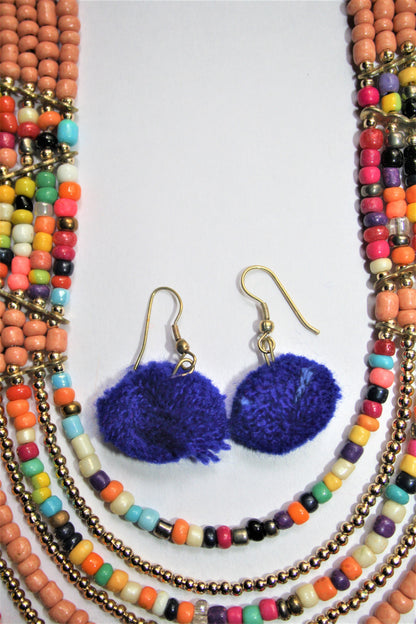 Designer Multicolored Beaded Pom Pom Necklace with Earrings - GlitterGleam