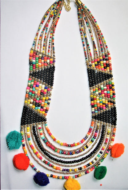 Designer Multicolored Beaded Pom Pom Necklace with Earrings - GlitterGleam