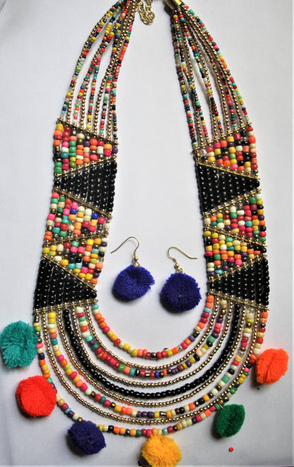 Designer Multicolored Beaded Pom Pom Necklace with Earrings - GlitterGleam