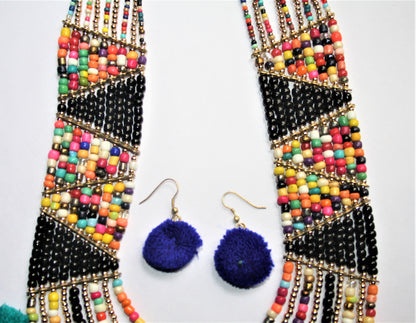 Designer Multicolored Beaded Pom Pom Necklace with Earrings - GlitterGleam