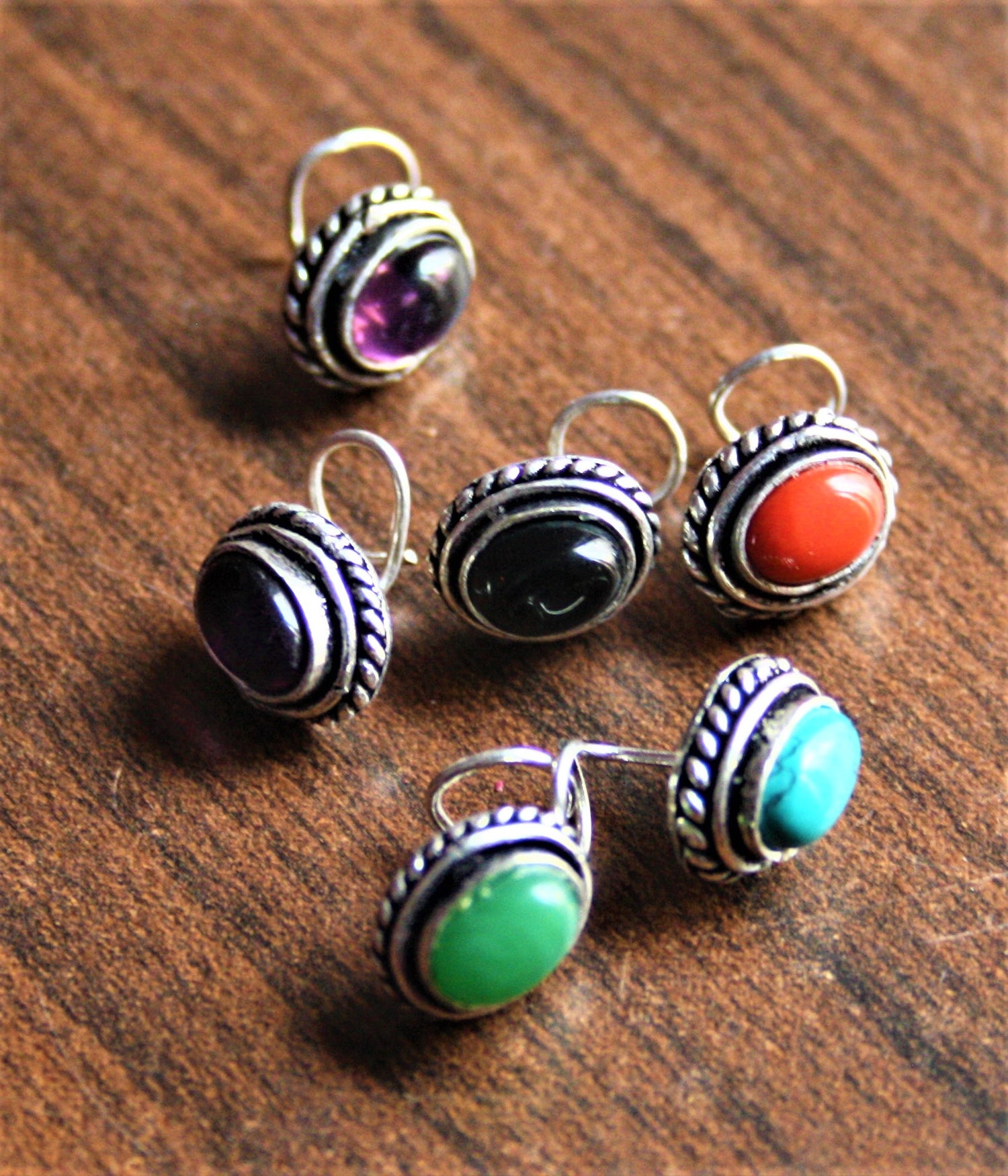 Silver and Golden Oxidized Floral and Oval Gem Nose Pin (Set of 2) - GlitterGleam