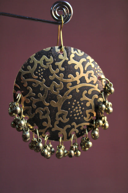 Large Carved Copper Danglers with Beads - GlitterGleam