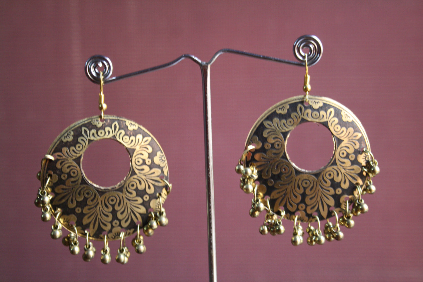 Large Carved Circular Danglers with Designer Cut and Beads - GlitterGleam