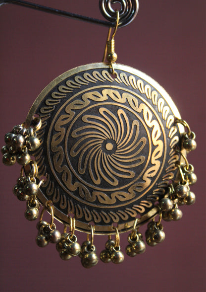 Large Carved Copper Danglers with Beads - GlitterGleam