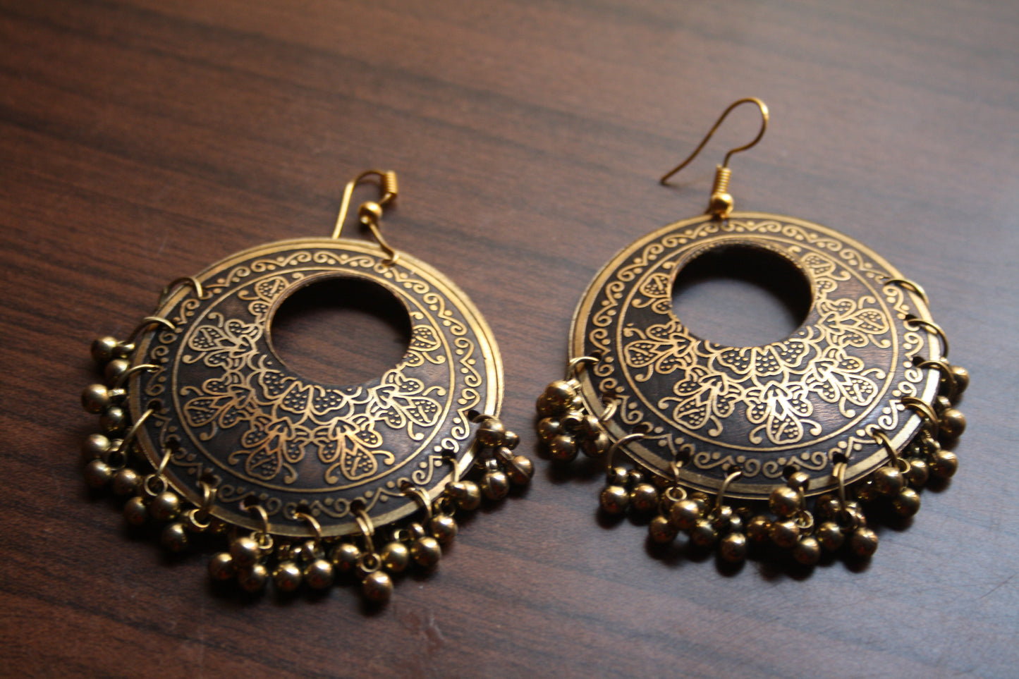 Large Carved Circular Danglers with Designer Cut and Beads - GlitterGleam