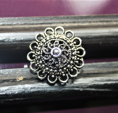 Traditional Silver Oxidized Flower Finger Ring - GlitterGleam