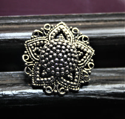 Traditional Silver Oxidized Flower Finger Ring - GlitterGleam