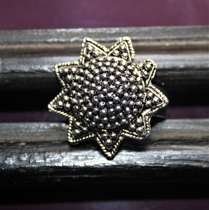 Traditional Silver Oxidized Flower Finger Ring - GlitterGleam