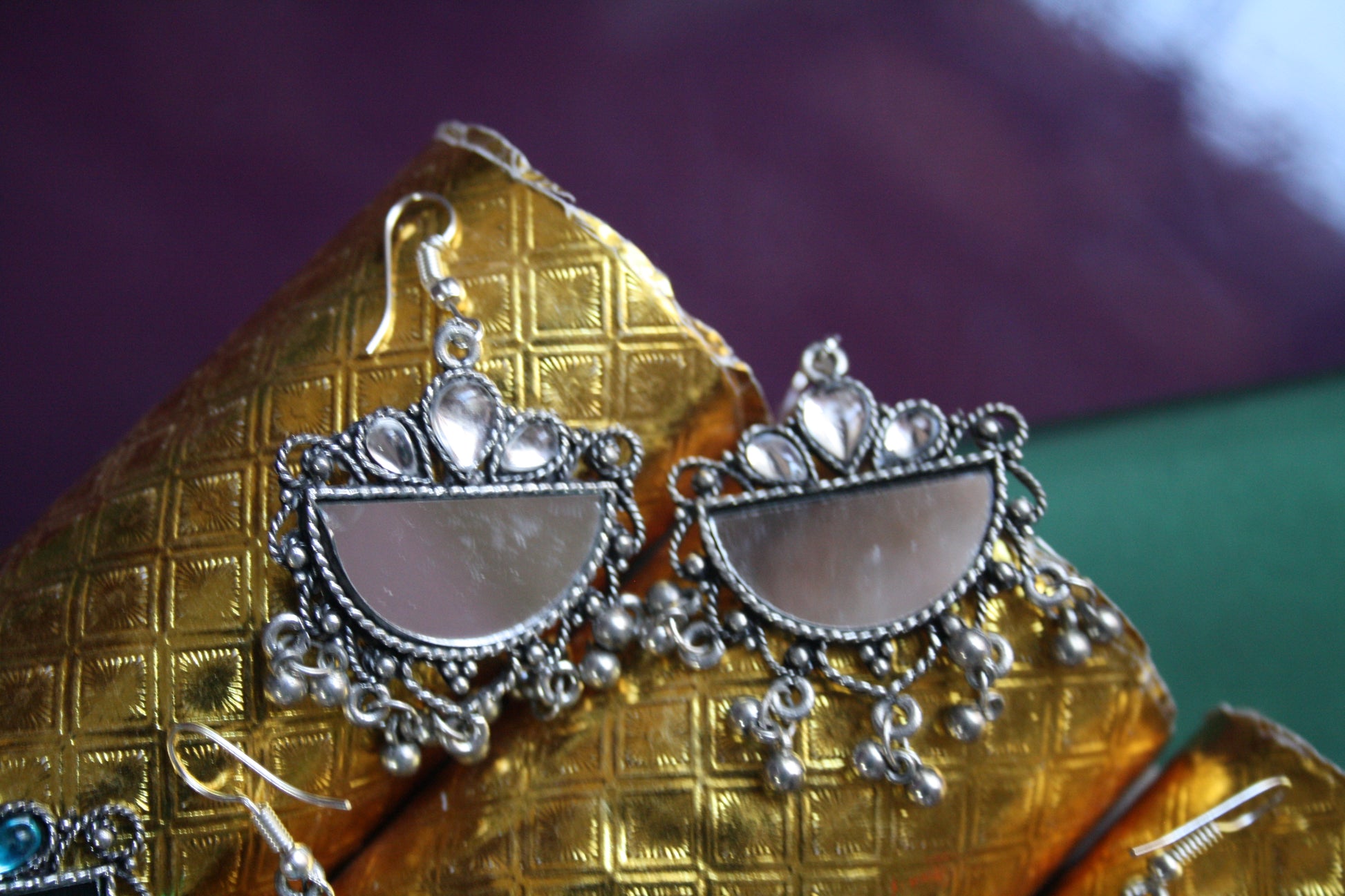 Half moon Mirror Earrings with Coloured Gems - GlitterGleam