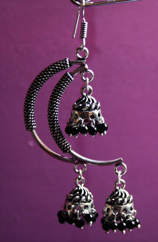 Silver oxidized Curved Dangle Earrings with Jhumkis - GlitterGleam