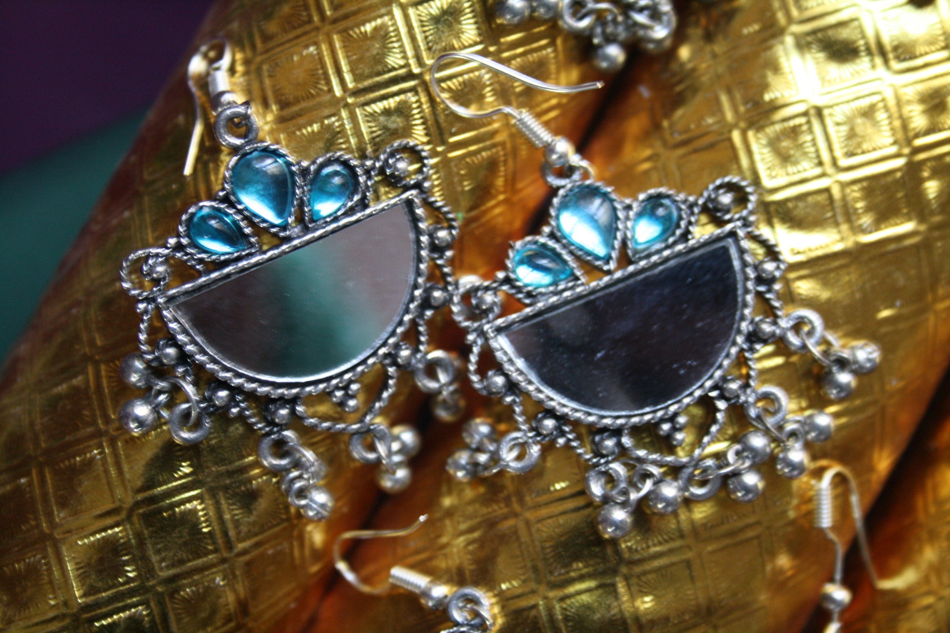 Half moon Mirror Earrings with Coloured Gems - GlitterGleam