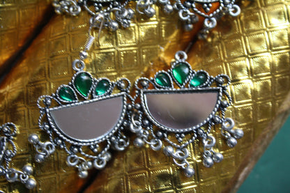 Half moon Mirror Earrings with Coloured Gems - GlitterGleam