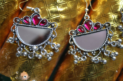 Half moon Mirror Earrings with Coloured Gems - GlitterGleam