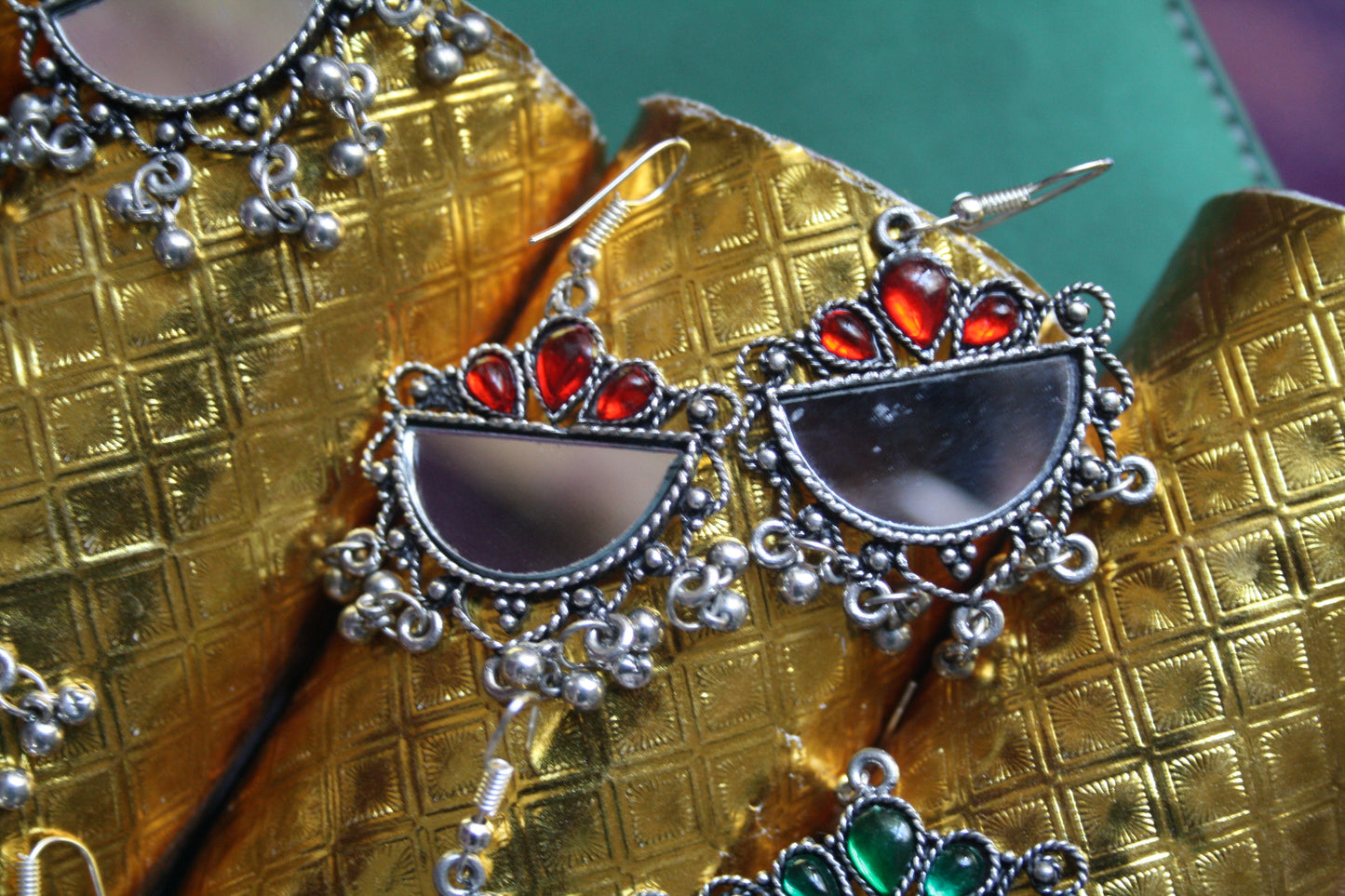 Half moon Mirror Earrings with Coloured Gems - GlitterGleam