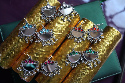 Half moon Mirror Earrings with Coloured Gems - GlitterGleam