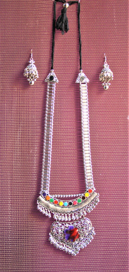 Traditional Long Silver Oxidized Necklace with Layered Multicolored Pendant and Jhumkis - GlitterGleam