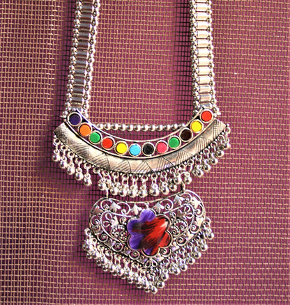 Traditional Long Silver Oxidized Necklace with Layered Multicolored Pendant and Jhumkis - GlitterGleam