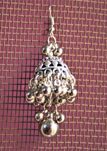 Traditional Long Silver Oxidized Necklace with Layered Multicolored Pendant and Jhumkis - GlitterGleam