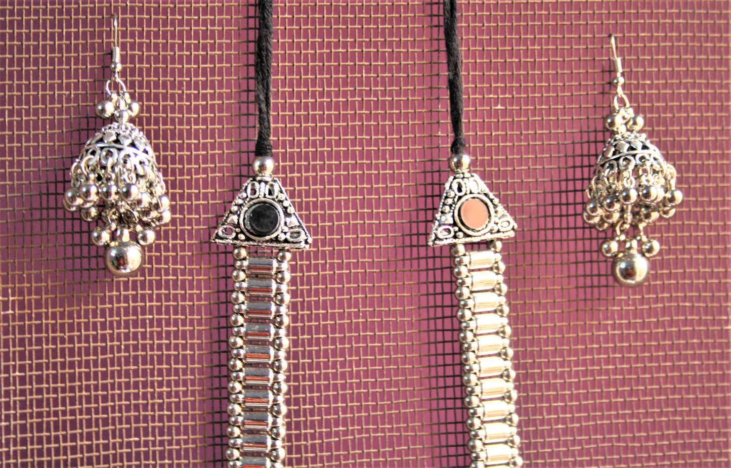 Traditional Long Silver Oxidized Necklace with Layered Multicolored Pendant and Jhumkis - GlitterGleam