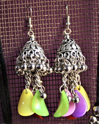 Silver Oxidized Multicolored Beaded Double Layered Necklace with Earrings - GlitterGleam