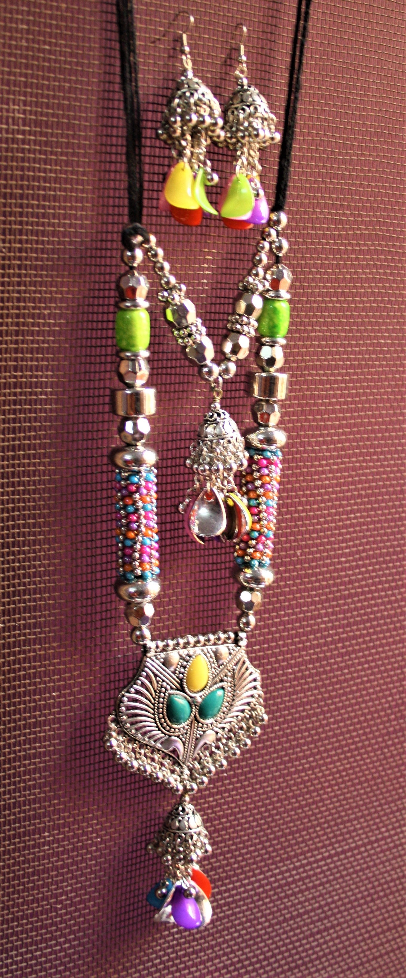 Silver Oxidized Multicolored Beaded Double Layered Necklace with Earrings - GlitterGleam