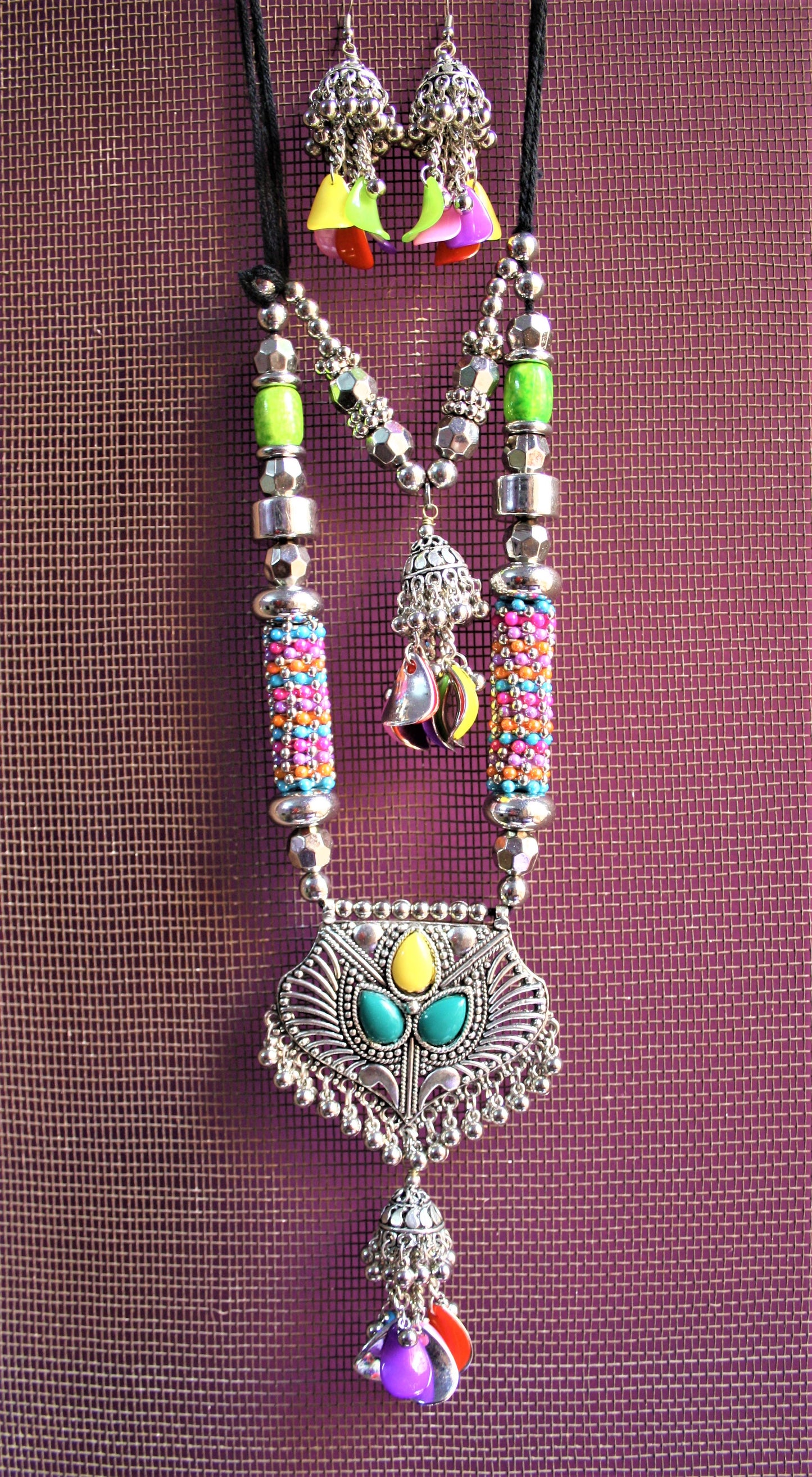 Silver Oxidized Multicolored Beaded Double Layered Necklace with Earrings - GlitterGleam