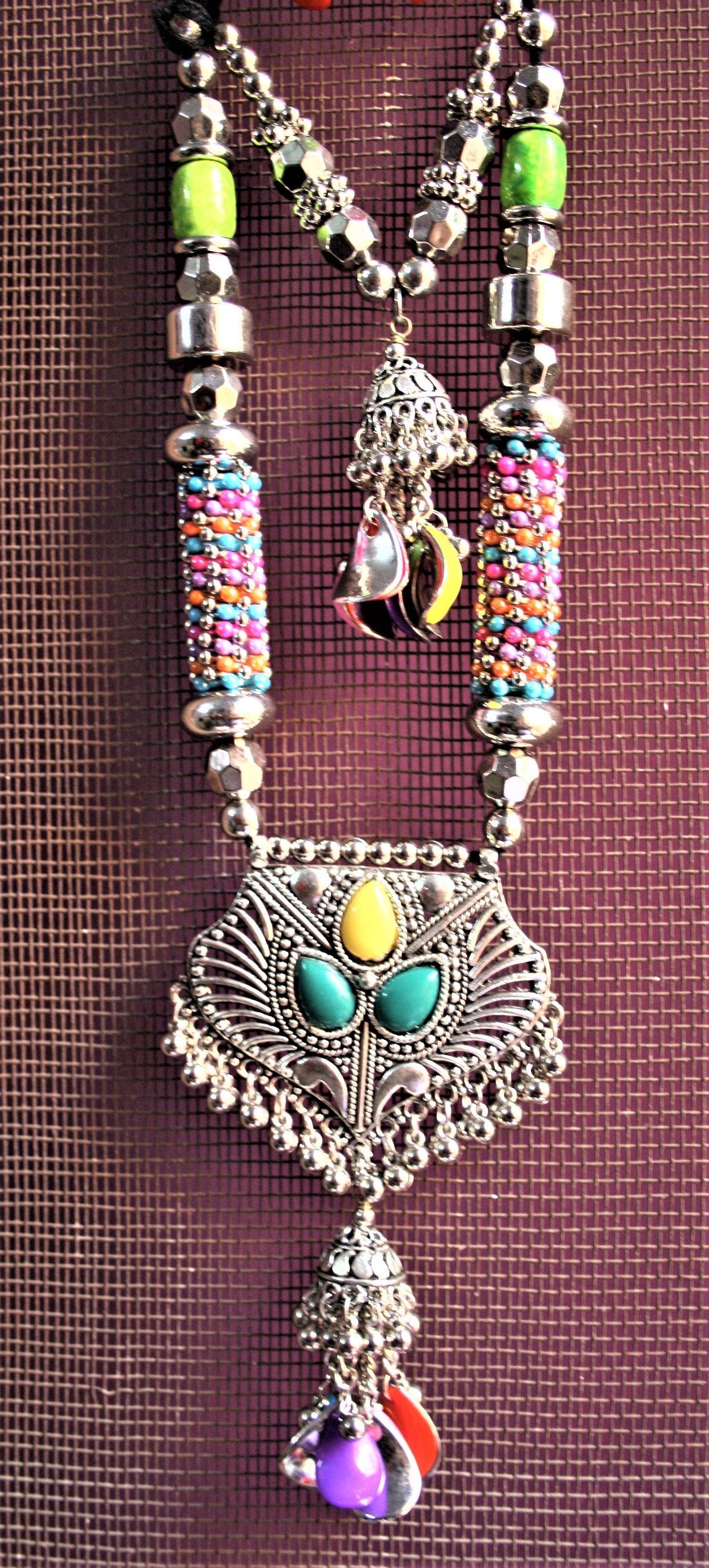 Silver Oxidized Multicolored Beaded Double Layered Necklace with Earrings - GlitterGleam