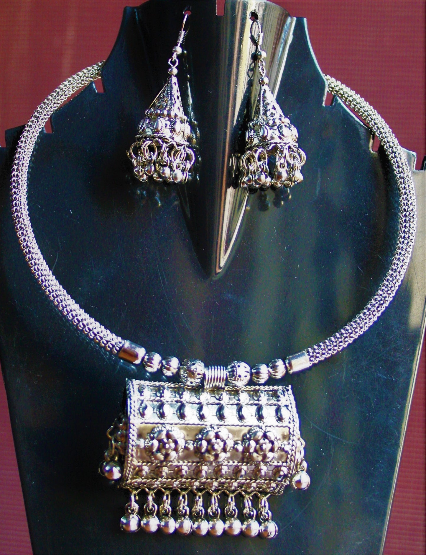 Silver Oxidized Traditional Choker Necklace with Jhumki Earrings - GlitterGleam