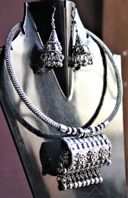 Silver Oxidized Traditional Choker Necklace with Jhumki Earrings - GlitterGleam