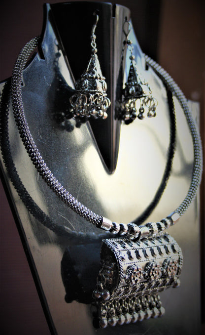 Silver Oxidized Traditional Choker Necklace with Jhumki Earrings - GlitterGleam