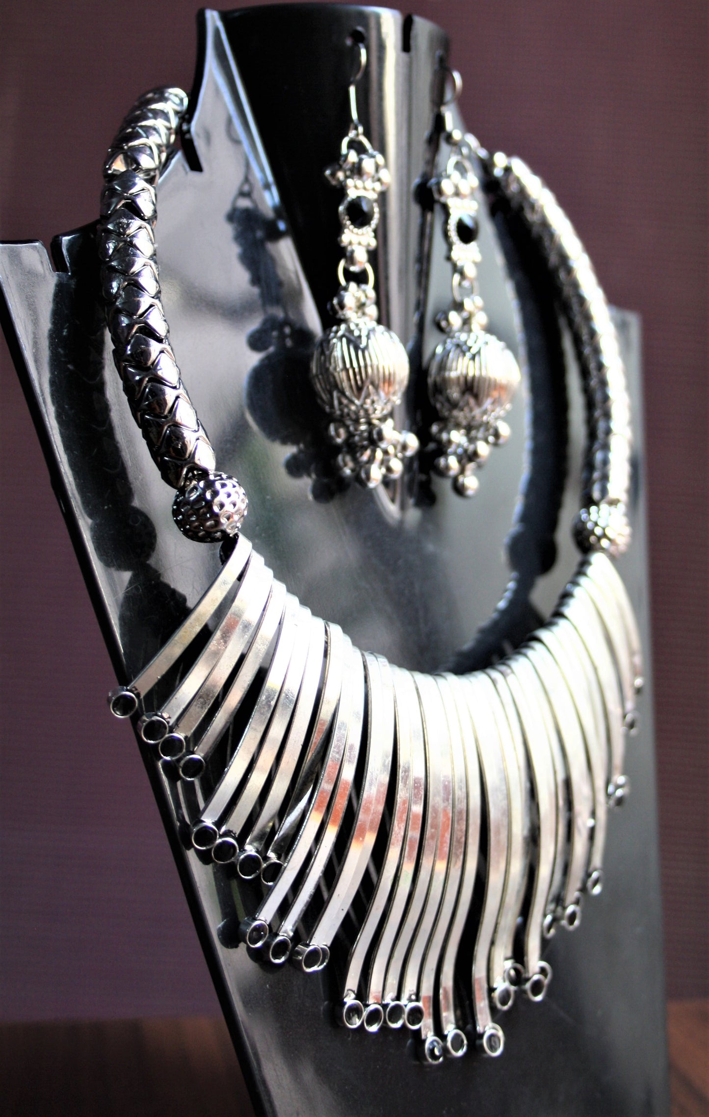 Silver Oxidized Tribal Necklace with Earrings - GlitterGleam