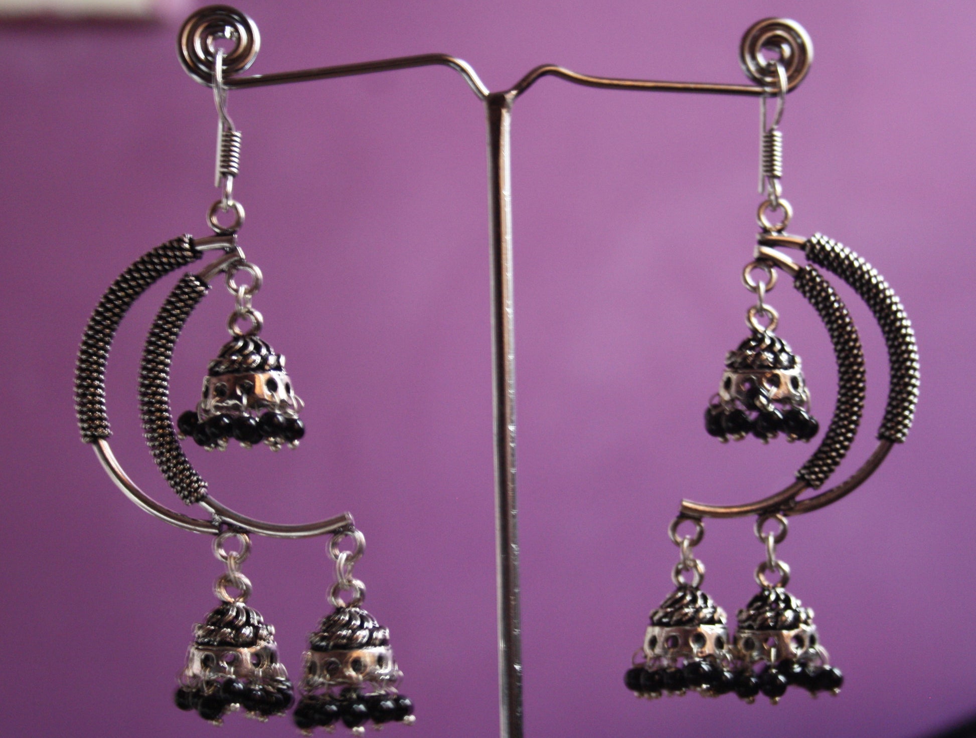 Silver oxidized Curved Dangle Earrings with Jhumkis - GlitterGleam