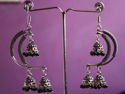 Silver oxidized Curved Dangle Earrings with Jhumkis - GlitterGleam