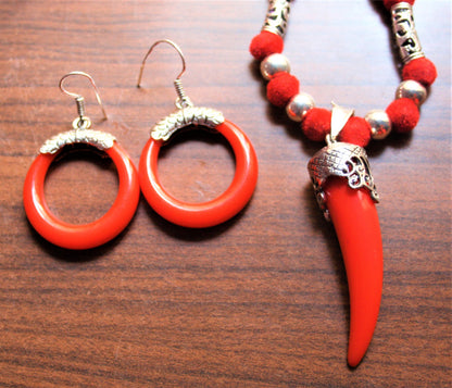 Silver Oxidized Thread Necklace with Chili Pendant and Hoop Danglers - GlitterGleam