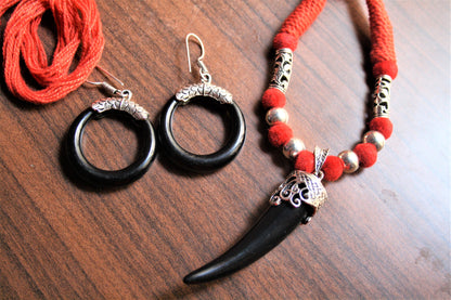 Silver Oxidized Thread Necklace with Chili Pendant and Hoop Danglers - GlitterGleam