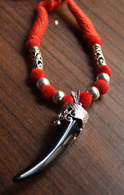 Silver Oxidized Thread Necklace with Chili Pendant and Hoop Danglers - GlitterGleam