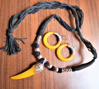 Silver Oxidized Thread Necklace with Chili Pendant and Hoop Danglers - GlitterGleam