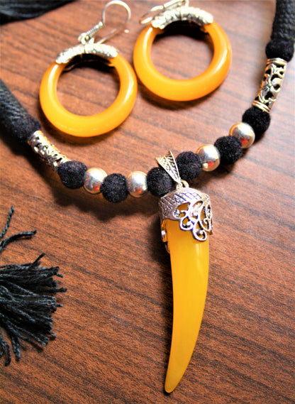 Silver Oxidized Thread Necklace with Chili Pendant and Hoop Danglers - GlitterGleam