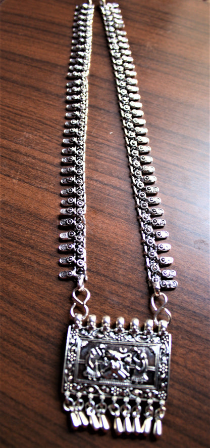 Silver Oxidized Necklace with Ganesha Rectangular Pendant - GlitterGleam