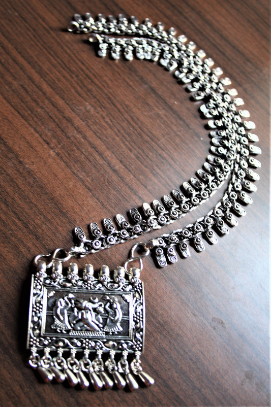 Silver Oxidized Necklace with Ganesha Rectangular Pendant - GlitterGleam